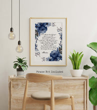 Load image into Gallery viewer, Saint Michael the Archangel prayer print on a white background with a cursive font in a handwritten style and dark blue watercolor flowers surrounding the text. The print is displayed in a gold frame, the frame is not included.