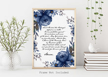 Load image into Gallery viewer, Saint Michael the Archangel prayer print on a white background with a cursive font in a handwritten style and dark blue watercolor flowers surrounding the text. The print is displayed in a golden frame, the frame is not included.