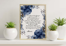 Load image into Gallery viewer, Saint Michael the Archangel prayer print on a white background with a cursive font in a handwritten style and dark blue watercolor flowers surrounding the text. The print is displayed in a golden frame, the frame is not included.
