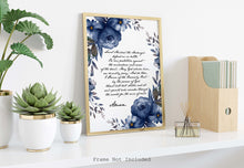 Load image into Gallery viewer, Saint Michael the Archangel prayer print on a white background with a cursive font in a handwritten style and dark blue watercolor flowers surrounding the text. The print is displayed in a golden frame, the frame is not included.