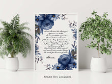 Load image into Gallery viewer, Saint Michael the Archangel prayer print on a white background with a cursive font in a handwritten style and dark blue watercolor flowers surrounding the text. The print is displayed in a white frame, the frame is not included.