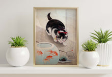 Load image into Gallery viewer, Japanese Art Print - Cat and Bowl of Goldfish By Ohara Koson