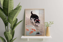 Load image into Gallery viewer, Japanese Art Print - Cat and Bowl of Goldfish By Ohara Koson