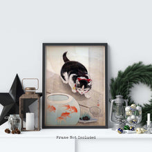 Load image into Gallery viewer, Japanese Art Print - Cat and Bowl of Goldfish By Ohara Koson