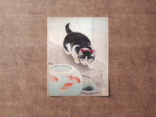 Load image into Gallery viewer, Japanese Art Print - Cat and Bowl of Goldfish By Ohara Koson