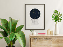 Load image into Gallery viewer, Kintsugi Definition wall art print with a gold and dark navy circle design on a white background. Shown here in a black frame, not included
