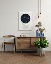 Load image into Gallery viewer, Kintsugi Definition wall art print with a gold and dark navy circle design on a white background. Shown here in a wooden frame, not included
