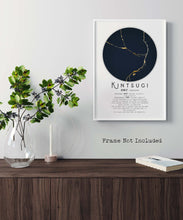 Load image into Gallery viewer, Kintsugi Definition wall art print with a gold and dark navy circle design on a white background. Shown here in a white frame, not included
