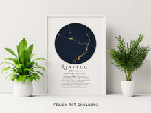 Load image into Gallery viewer, Kintsugi Definition wall art print with a gold and dark navy circle design on a white background. Shown here in a white frame, not included
