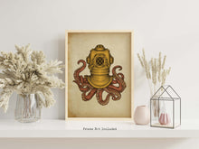 Load image into Gallery viewer, Steampunk Octopus Wall Art Print - Nautical Wall Decor - Octopus wearing a copper diving bell/diving helmet UNFRAMED