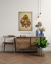 Load image into Gallery viewer, Steampunk Octopus Wall Art Print - Nautical Wall Decor - Octopus wearing a copper diving bell/diving helmet UNFRAMED