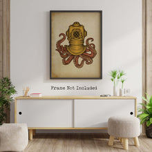 Load image into Gallery viewer, Steampunk Octopus Wall Art Print - Nautical Wall Decor - Octopus wearing a copper diving bell/diving helmet UNFRAMED