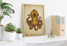 Load image into Gallery viewer, Steampunk Octopus Wall Art Print - Nautical Wall Decor - Octopus wearing a copper diving bell/diving helmet UNFRAMED
