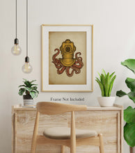 Load image into Gallery viewer, Steampunk Octopus Wall Art Print - Nautical Wall Decor - Octopus wearing a copper diving bell/diving helmet UNFRAMED