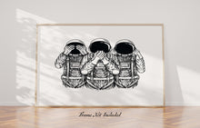Load image into Gallery viewer, 3 Wise Astronauts Poster Print - Three wise monkeys - see no evil, hear no evil, speak no evil