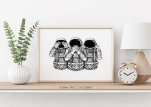 Load image into Gallery viewer, 3 Wise Astronauts Poster Print - Three wise monkeys - see no evil, hear no evil, speak no evil