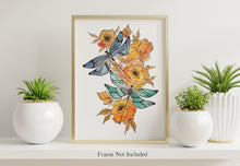 Load image into Gallery viewer, Dragonfly Art Print - Blue and green dragonflies with orange flowers - Physical Print Without Frame