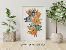 Load image into Gallery viewer, Dragonfly Art Print - Blue and green dragonflies with orange flowers - Physical Print Without Frame