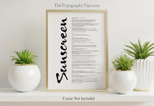 Load image into Gallery viewer, Sunscreen Song Lyrics Poster Print - Physical Print Without Frame