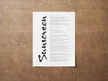 Load image into Gallery viewer, Sunscreen Song Lyrics Poster Print - Physical Print Without Frame
