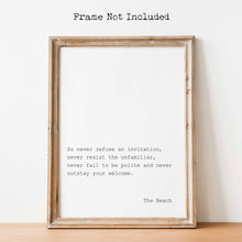 Load image into Gallery viewer, The Beach Movie Travel Poster - Book quote, Movie Quote - Never Refuse an Invitation - The Beach Movie Soundtrack - Alex Garland UNFRAMED