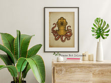 Load image into Gallery viewer, Steampunk Octopus Wall Art Print - Nautical Wall Decor - Octopus wearing a copper diving bell/diving helmet UNFRAMED