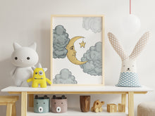 Load image into Gallery viewer, Moon & Clouds print - Bedroom wall decor - Celestial Wall Art UNFRAMED