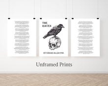 Load image into Gallery viewer, The Raven Set of 3 Edgar Allan Poe Poem Poster Prints - Quoth the Raven “Nevermore.” - Macabre Decor - Literary Wall Art