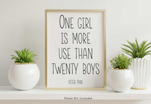 Load image into Gallery viewer, Peter Pan Quote - One girl is more use than twenty boys - Unframed book Print for baby girl nursery wall art