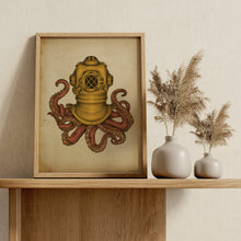 Load image into Gallery viewer, Steampunk Octopus Diving Helmet Print – Vintage Nautical Kraken Illustration
