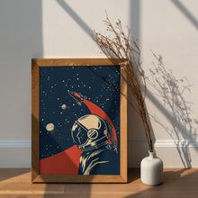 Load image into Gallery viewer, Vintage Space Race Astronaut Print – Retro Navy and Red Space Poster
