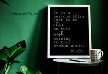 Load image into Gallery viewer, Mary Oliver Quote "It is a serious thing just to be alive on this fresh morning in this broken world"
