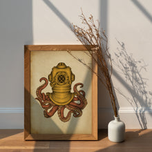 Load image into Gallery viewer, Steampunk Octopus Diving Helmet Print – Vintage Nautical Kraken Illustration
