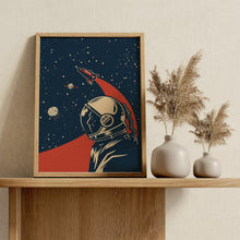 Load image into Gallery viewer, Vintage Space Race Astronaut Print – Retro Navy and Red Space Poster
