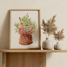 Load image into Gallery viewer, Succulent Bouquet Print – Watercolour Succulents in Rustic Burlap Sack
