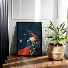 Load image into Gallery viewer, Vintage Space Race Astronaut Print – Retro Navy and Red Space Poster
