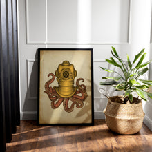 Load image into Gallery viewer, Steampunk Octopus Diving Helmet Print – Vintage Nautical Kraken Illustration
