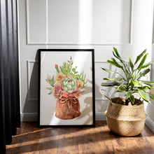 Load image into Gallery viewer, Succulent Bouquet Print – Watercolour Succulents in Rustic Burlap Sack
