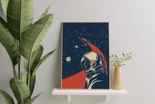Load image into Gallery viewer, Vintage Space Race Astronaut Print – Retro Navy and Red Space Poster
