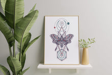 Load image into Gallery viewer, Celestial Moth Print – Sacred Geometry Moon and Moth Illustration
