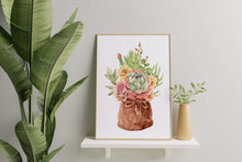 Load image into Gallery viewer, Succulent Bouquet Print – Watercolour Succulents in Rustic Burlap Sack
