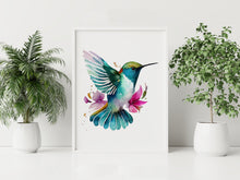 Load image into Gallery viewer, Watercolor Hummingbird Print with Pink Flowers – Colorful Bird Wall Art
