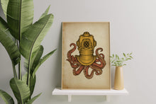 Load image into Gallery viewer, Steampunk Octopus Diving Helmet Print – Vintage Nautical Kraken Illustration
