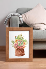 Load image into Gallery viewer, Succulent Bouquet Print – Watercolour Succulents in Rustic Burlap Sack

