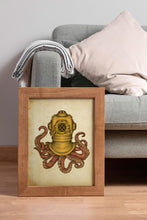 Load image into Gallery viewer, Steampunk Octopus Diving Helmet Print – Vintage Nautical Kraken Illustration
