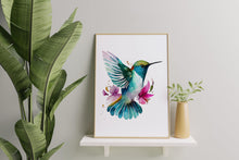 Load image into Gallery viewer, Watercolor Hummingbird Print with Pink Flowers – Colorful Bird Wall Art
