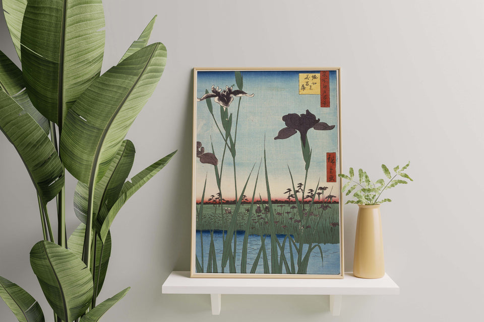 Japanese art collection - Utagawa Hiroshige Horikiri Iris Garden print shown in a simple frame on a shelf, the frame is next to a bird of paradise plant. 