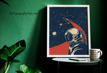Load image into Gallery viewer, Vintage Space Race Astronaut Print – Retro Navy and Red Space Poster
