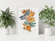 Load image into Gallery viewer, Dragonflies and Orange Flowers Print – Watercolour Style Botanical Wall Art
