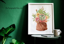 Load image into Gallery viewer, Succulent Bouquet Print – Watercolour Succulents in Rustic Burlap Sack
